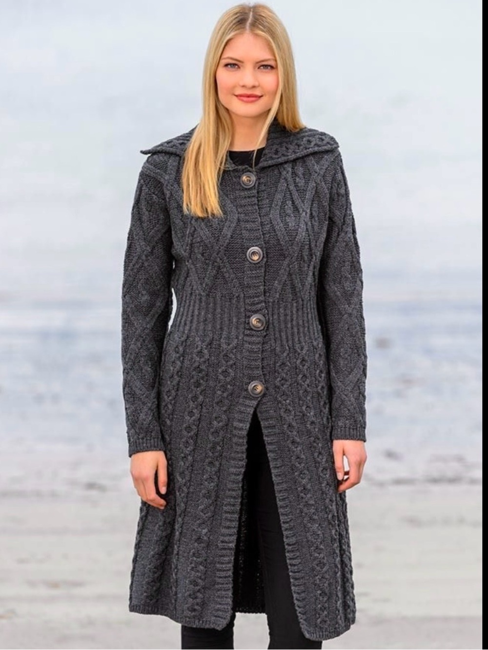 Aran Crafts charcoal gray merino wool long cable-knit cardigan M Wide Collar